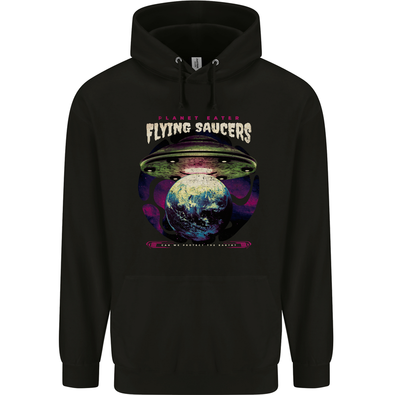 Planet Eating Flying Saucers Alien UFO Childrens Kids Hoodie Black