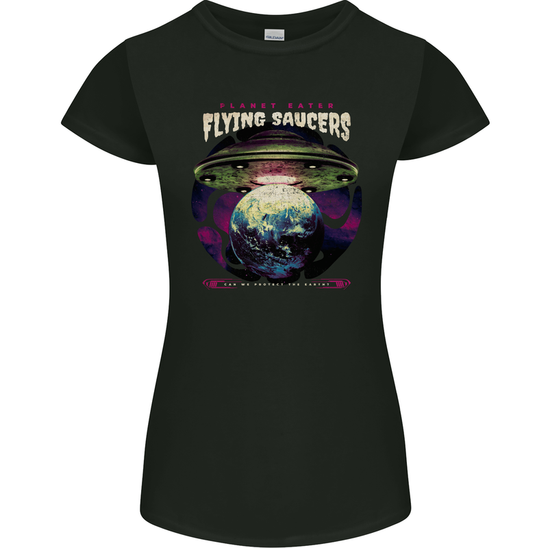 Planet Eating Flying Saucers Alien UFO Womens Petite Cut T-Shirt Black