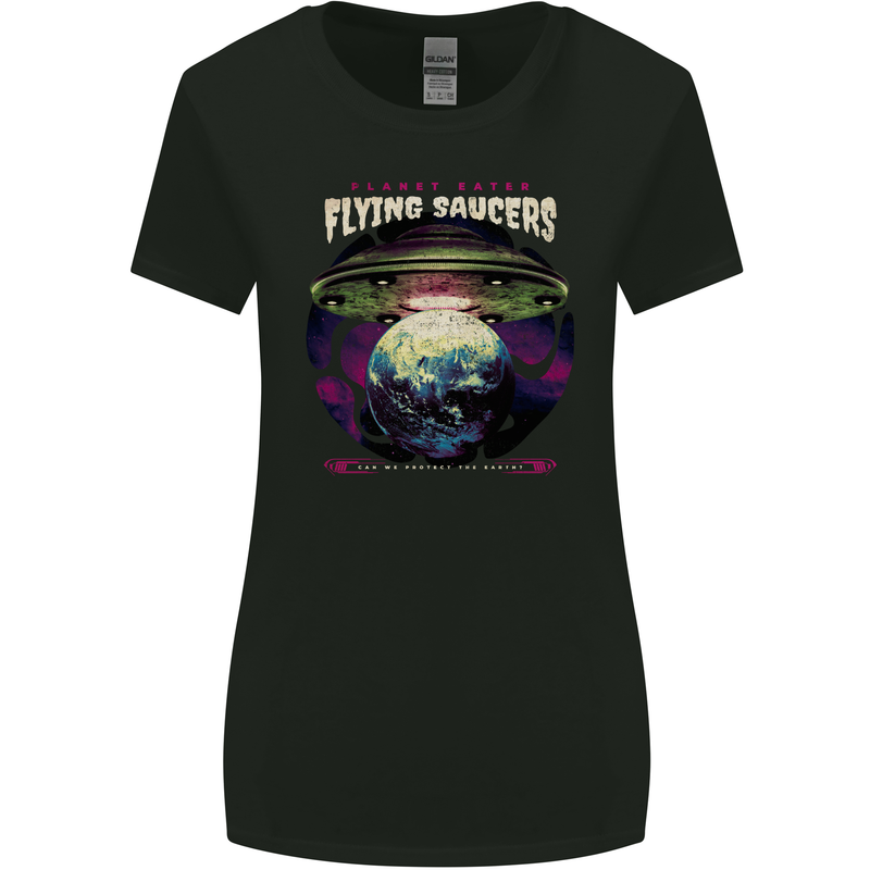 Planet Eating Flying Saucers Alien UFO Womens Wider Cut T-Shirt Black