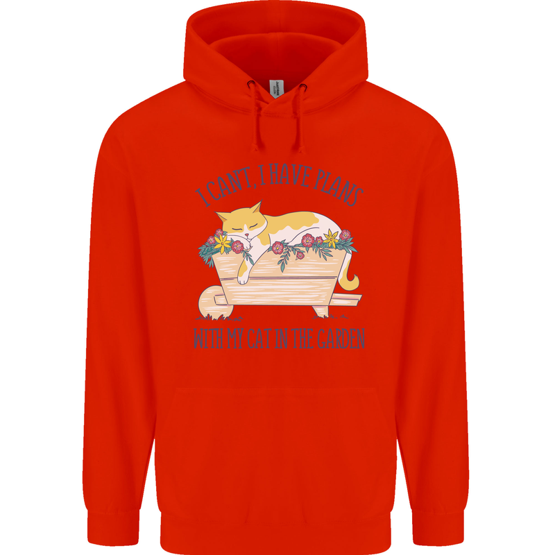 Plans With My Cat in the Garden Gardener Mens 80% Cotton Hoodie Bright Red