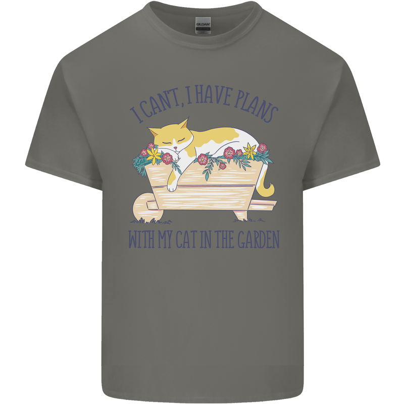 Plans With My Cat in the Garden Gardener Mens Cotton T-Shirt Tee Top Charcoal