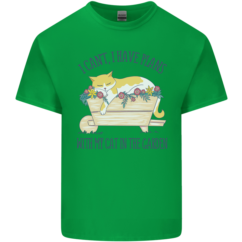 Plans With My Cat in the Garden Gardener Mens Cotton T-Shirt Tee Top Irish Green