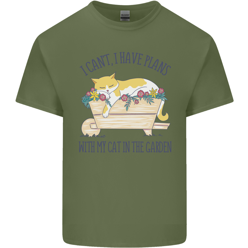 Plans With My Cat in the Garden Gardener Mens Cotton T-Shirt Tee Top Military Green