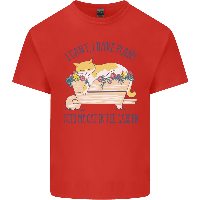Plans With My Cat in the Garden Gardener Mens Cotton T-Shirt Tee Top Red