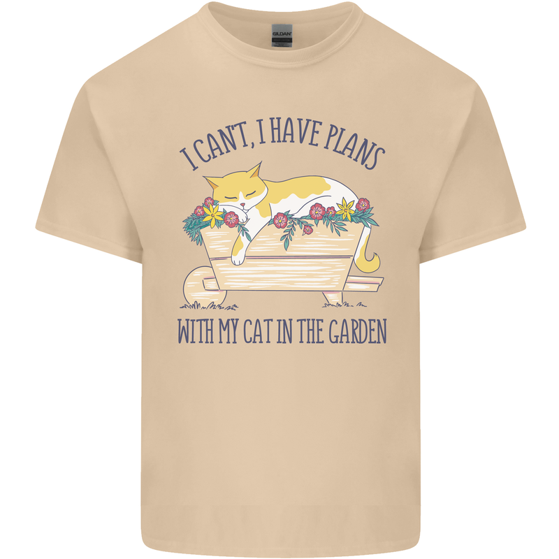 Plans With My Cat in the Garden Gardener Mens Cotton T-Shirt Tee Top Sand