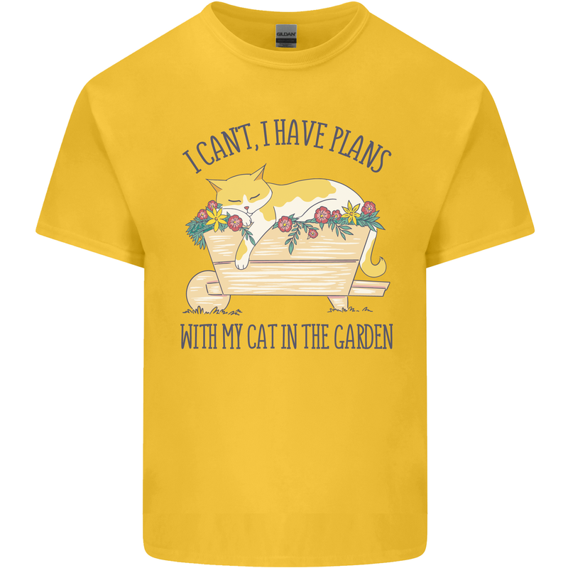 Plans With My Cat in the Garden Gardener Mens Cotton T-Shirt Tee Top Yellow
