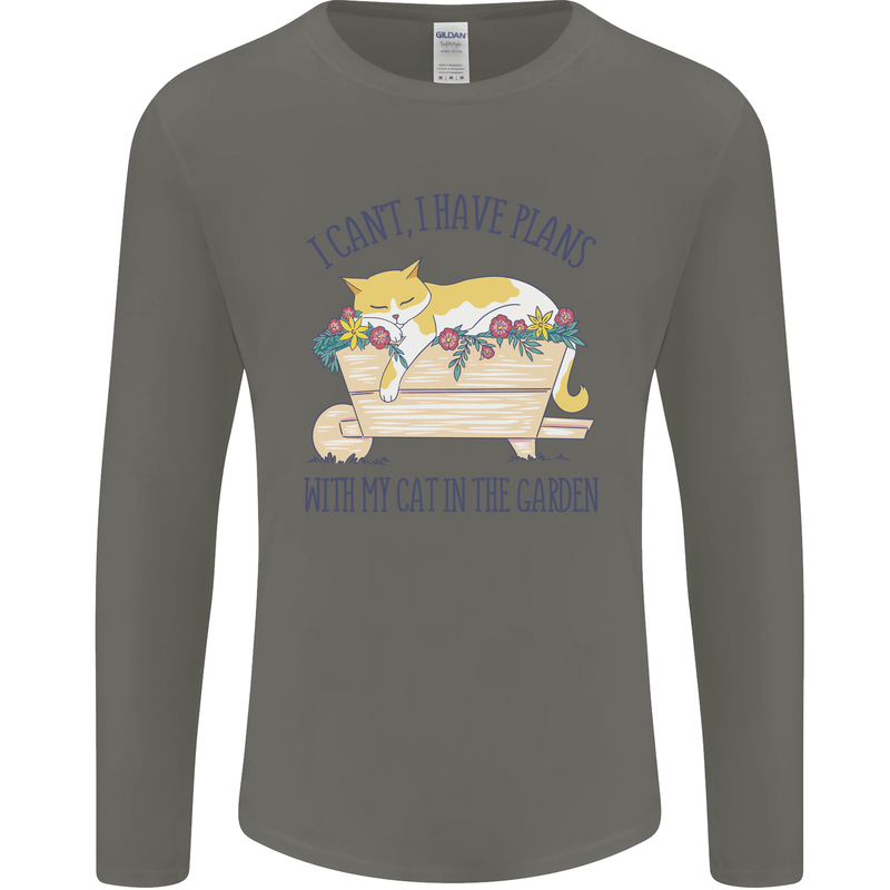 Plans With My Cat in the Garden Gardener Mens Long Sleeve T-Shirt Charcoal