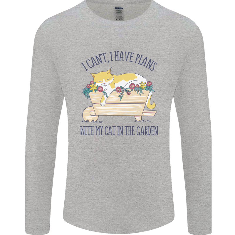 Plans With My Cat in the Garden Gardener Mens Long Sleeve T-Shirt Sports Grey