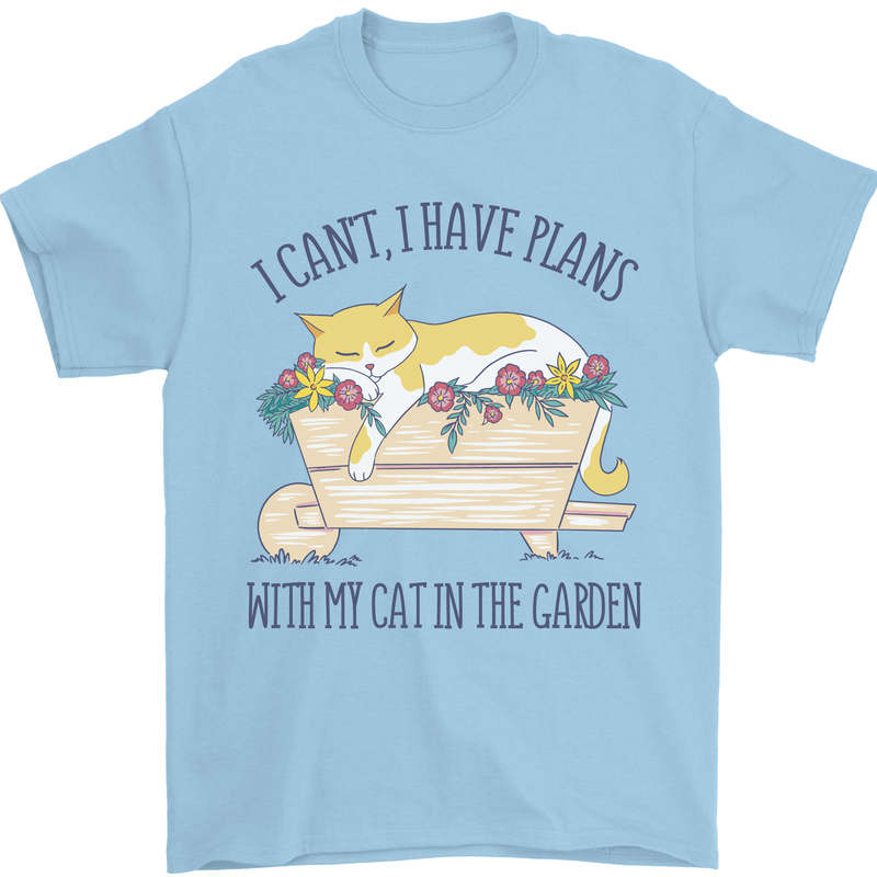 Plans With My Cat in the Garden Gardener Mens T-Shirt 100% Cotton Light Blue
