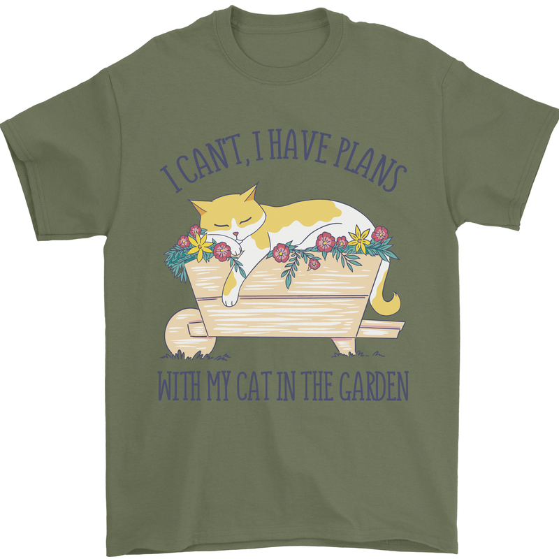 Plans With My Cat in the Garden Gardener Mens T-Shirt 100% Cotton Military Green