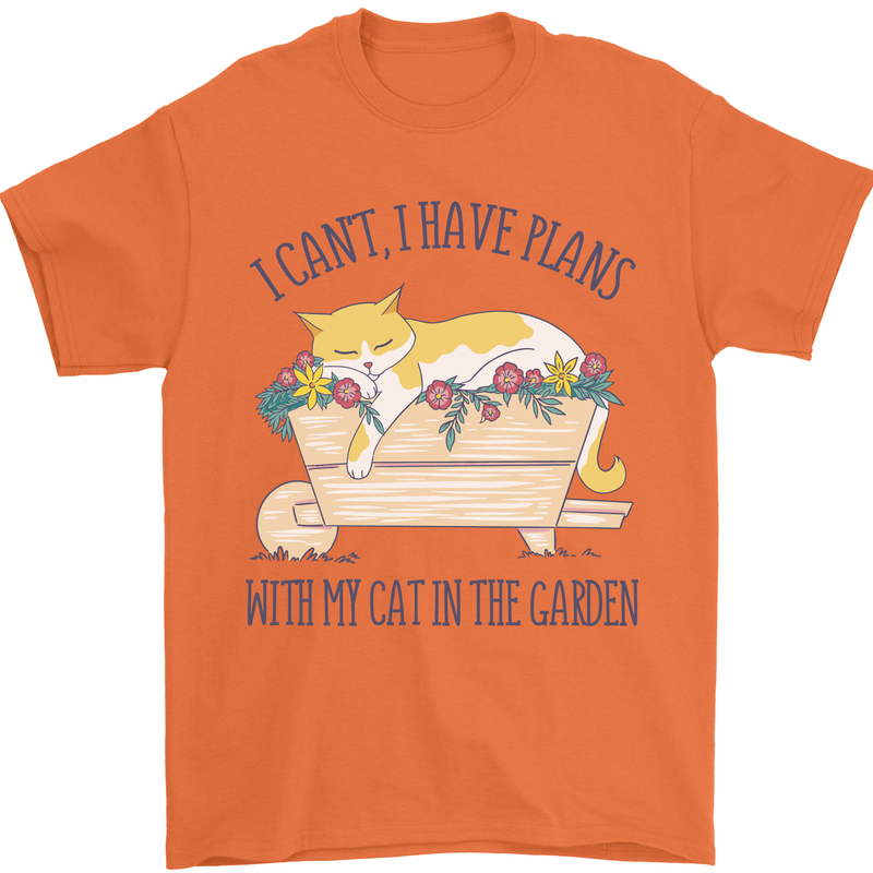 Plans With My Cat in the Garden Gardener Mens T-Shirt 100% Cotton Orange
