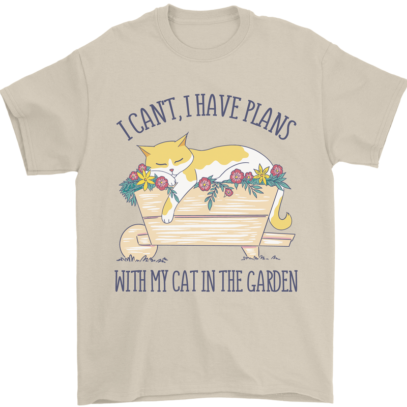 Plans With My Cat in the Garden Gardener Mens T-Shirt 100% Cotton Sand