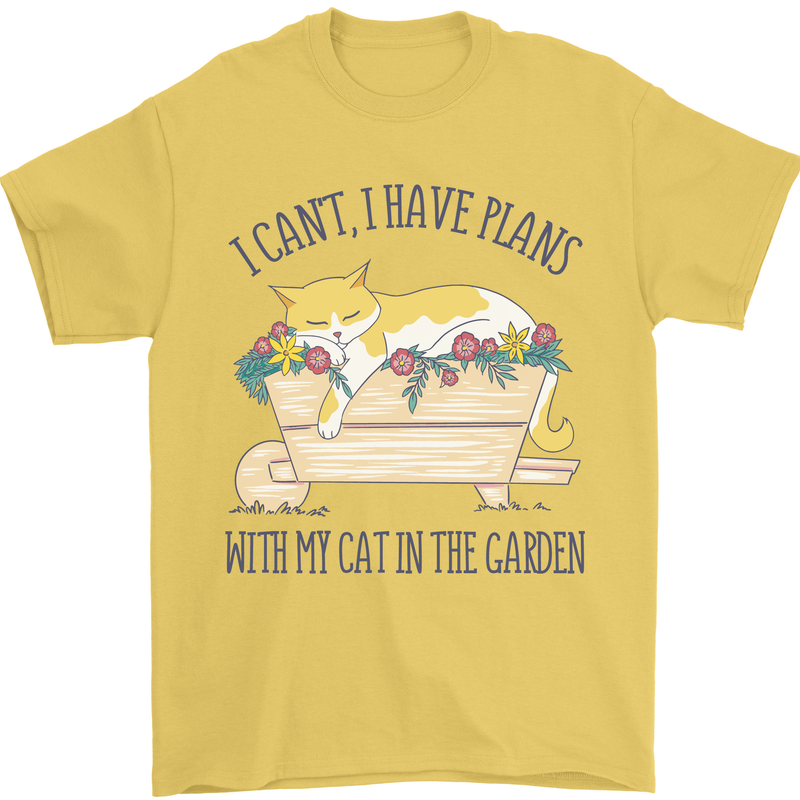 Plans With My Cat in the Garden Gardener Mens T-Shirt 100% Cotton Yellow