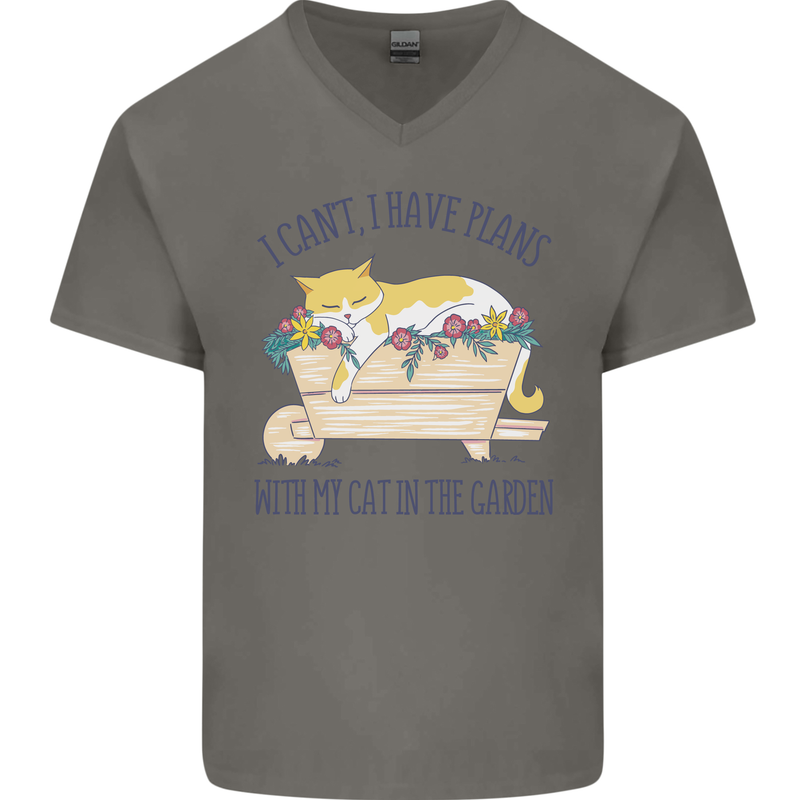 Plans With My Cat in the Garden Gardener Mens V-Neck Cotton T-Shirt Charcoal