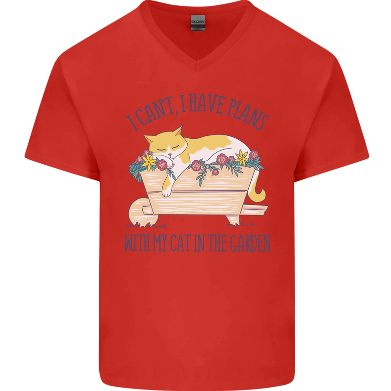Plans With My Cat in the Garden Gardener Mens V-Neck Cotton T-Shirt Red