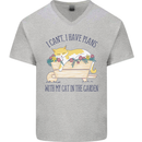 Plans With My Cat in the Garden Gardener Mens V-Neck Cotton T-Shirt Sports Grey