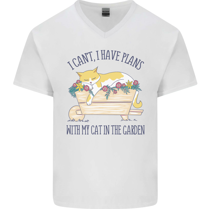 Plans With My Cat in the Garden Gardener Mens V-Neck Cotton T-Shirt White