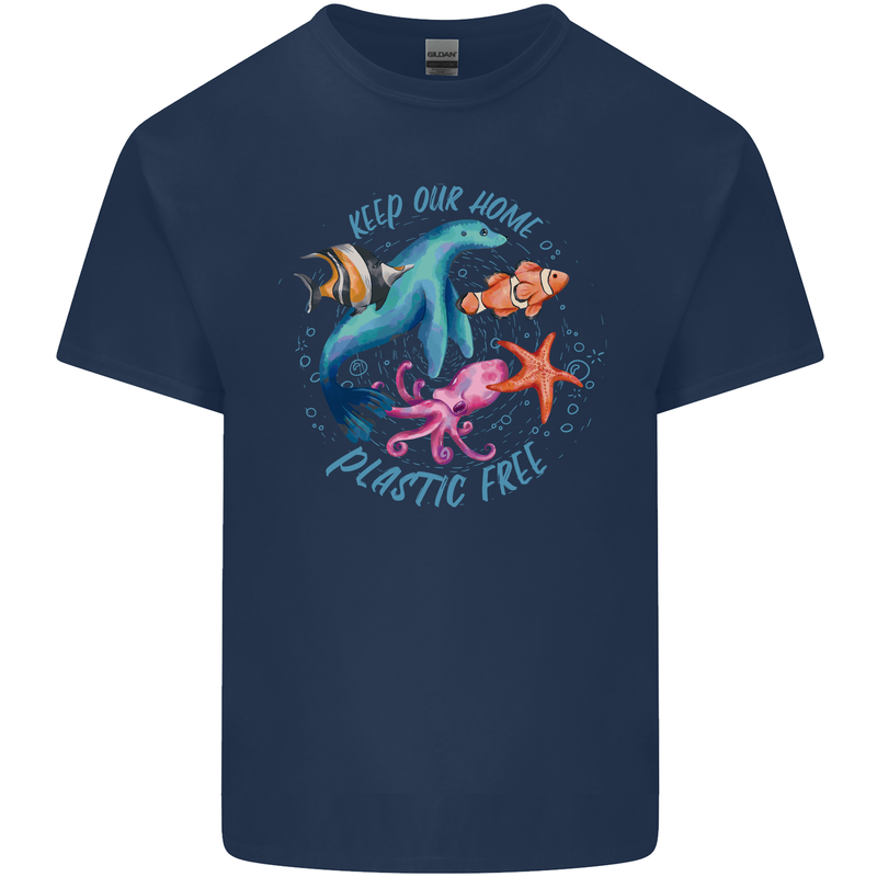 Plastic Free Climate Change Octopus Ocean Fish Mens Cotton T-Shirt Tee Top Navy Blue