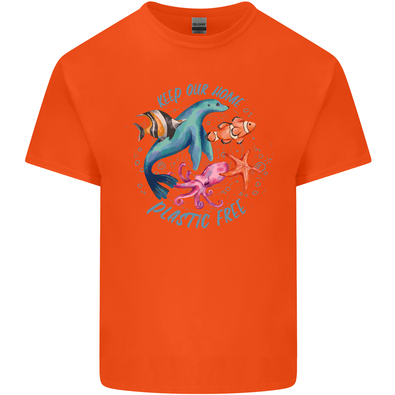 Plastic Free Climate Change Octopus Ocean Fish Mens Cotton T-Shirt Tee Top Orange