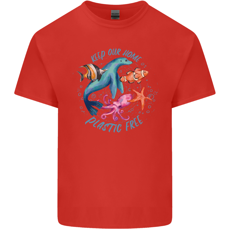 Plastic Free Climate Change Octopus Ocean Fish Mens Cotton T-Shirt Tee Top Red