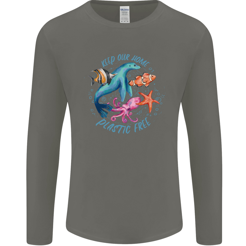 Plastic Free Climate Change Octopus Ocean Fish Mens Long Sleeve T-Shirt Charcoal