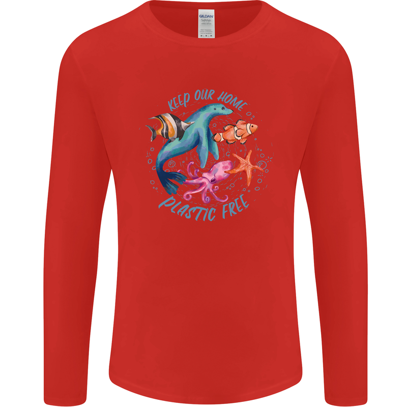 Plastic Free Climate Change Octopus Ocean Fish Mens Long Sleeve T-Shirt Red