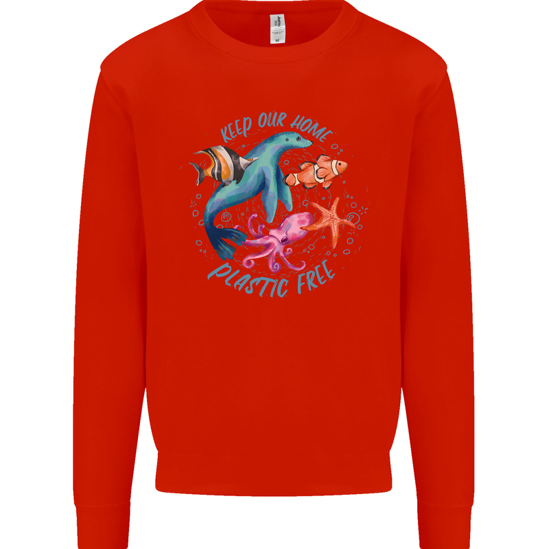 Plastic Free Climate Change Octopus Ocean Fish Mens Sweatshirt Jumper Bright Red