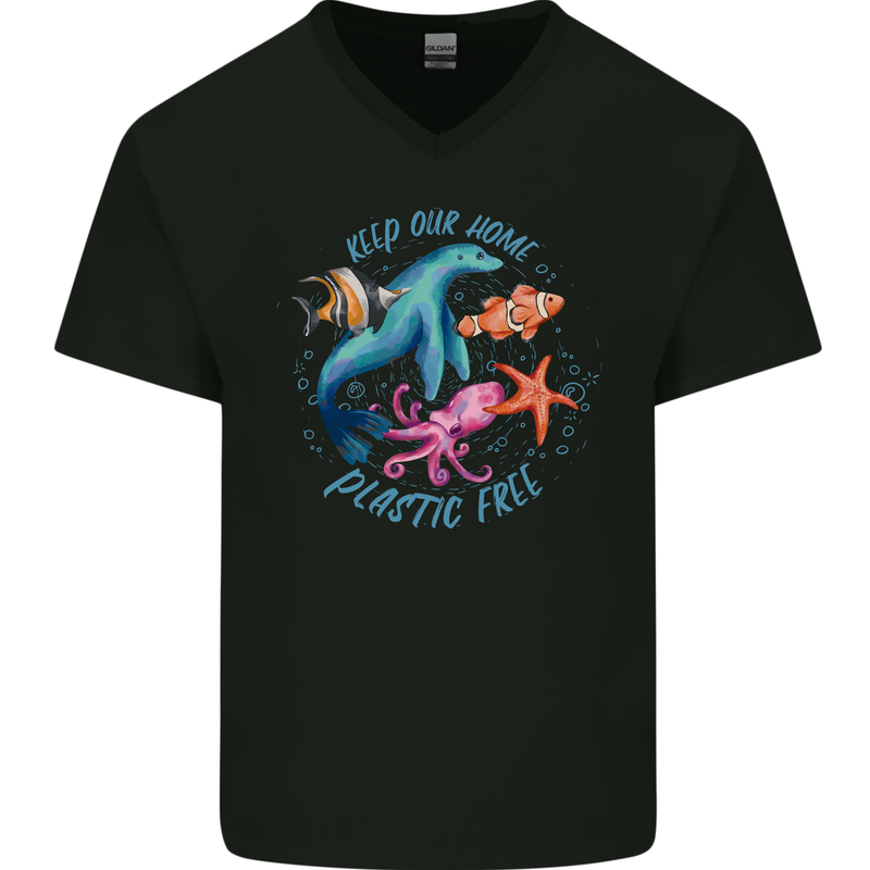 Plastic Free Climate Change Octopus Ocean Fish Mens V-Neck Cotton T-Shirt Black
