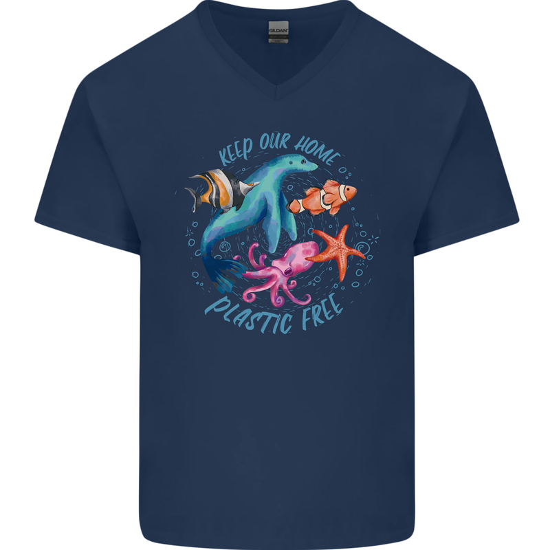 Plastic Free Climate Change Octopus Ocean Fish Mens V-Neck Cotton T-Shirt Navy Blue