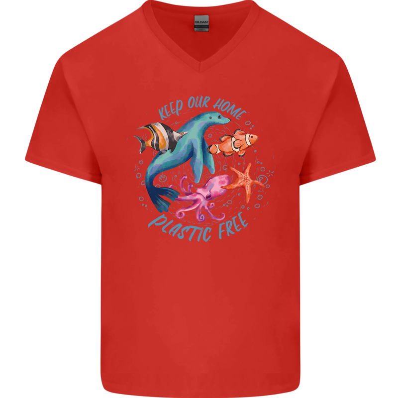 Plastic Free Climate Change Octopus Ocean Fish Mens V-Neck Cotton T-Shirt Red