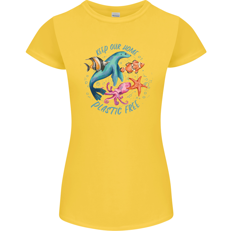Plastic Free Climate Change Octopus Ocean Fish Womens Petite Cut T-Shirt Yellow