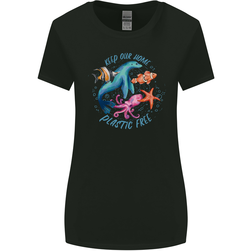 Plastic Free Climate Change Octopus Ocean Fish Womens Wider Cut T-Shirt Black