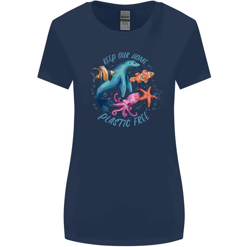 Plastic Free Climate Change Octopus Ocean Fish Womens Wider Cut T-Shirt Navy Blue