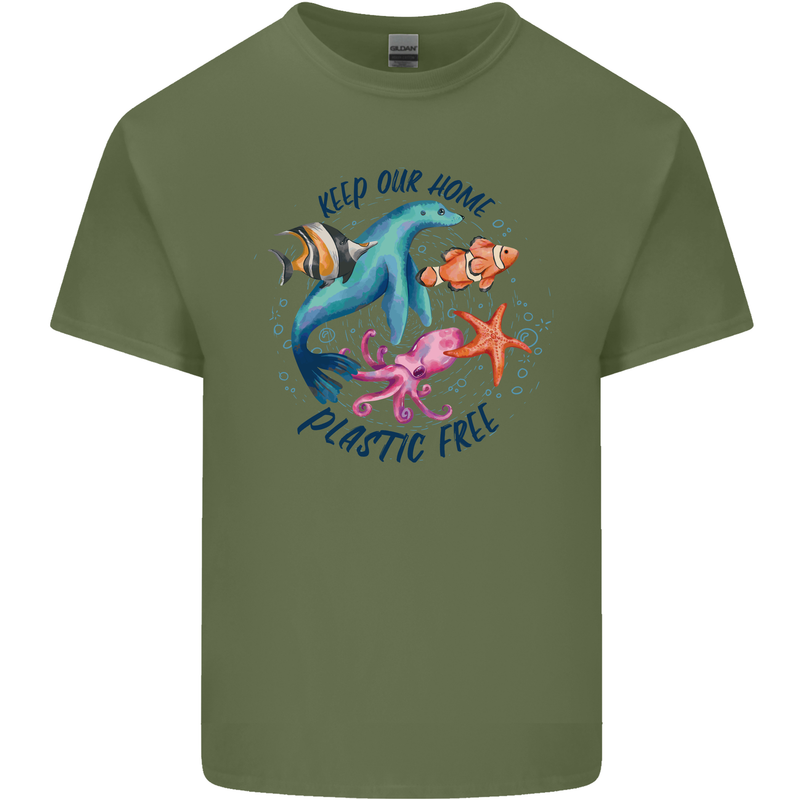 Plastic Free Climate Change Octopus Seal Fish Mens Cotton T-Shirt Tee Top Military Green