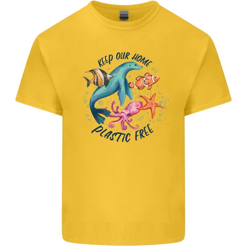 Plastic Free Climate Change Octopus Seal Fish Mens Cotton T-Shirt Tee Top Yellow