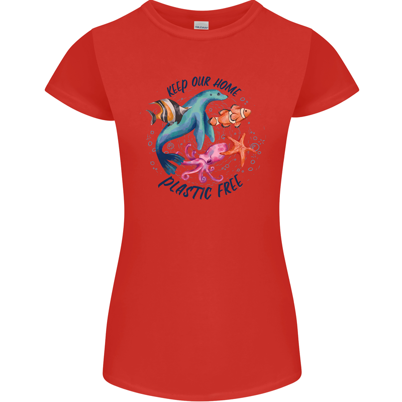 Plastic Free Climate Change Octopus Seal Fish Womens Petite Cut T-Shirt Red