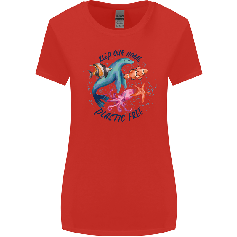 Plastic Free Climate Change Octopus Seal Fish Womens Wider Cut T-Shirt Red