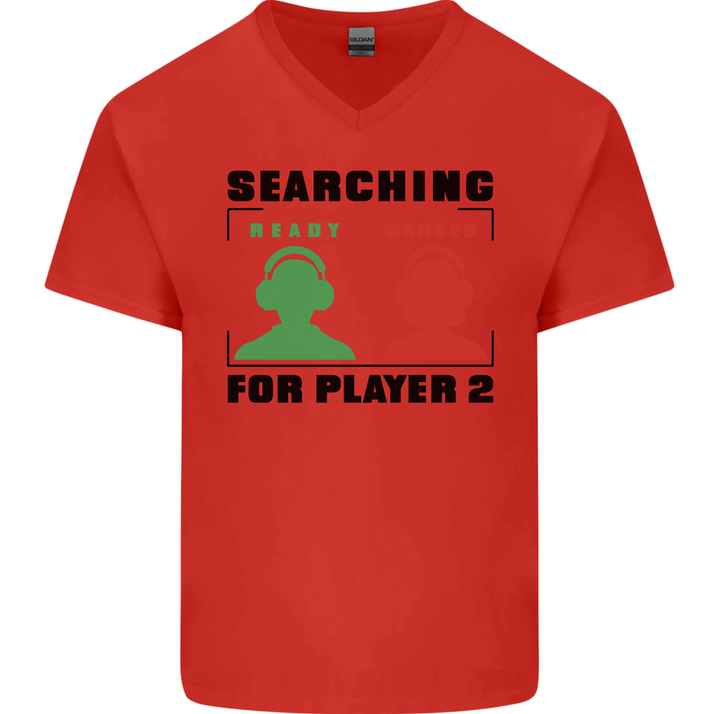 Player Two Wanted Funny Singles Day Gamer Mens V-Neck Cotton T-Shirt Red