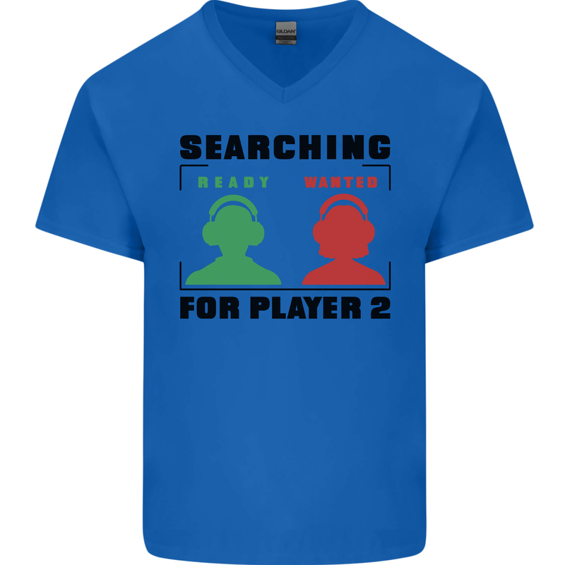 Player Two Wanted Funny Singles Day Gamer Mens V-Neck Cotton T-Shirt Royal Blue