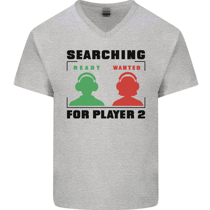 Player Two Wanted Funny Singles Day Gamer Mens V-Neck Cotton T-Shirt Sports Grey