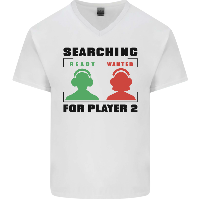 Player Two Wanted Funny Singles Day Gamer Mens V-Neck Cotton T-Shirt White