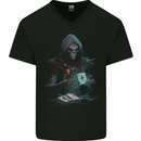 Playing Cards Grim Reaper Skull Mens V-Neck Cotton T-Shirt Black