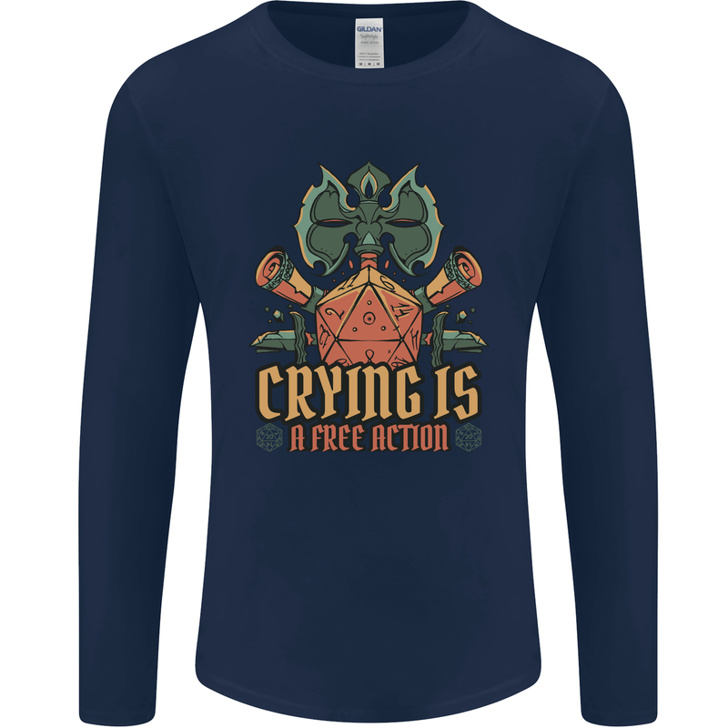 Playing Games RPG Role Crying Free Action Mens Long Sleeve T-Shirt Navy Blue