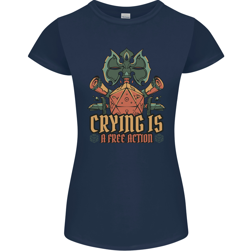 Playing Games RPG Role Crying Free Action Womens Petite Cut T-Shirt Navy Blue
