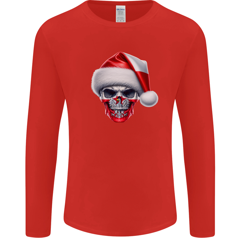 Poland Christmas Skull Xmas Polish Biker Flag Mens Long Sleeve T-Shirt Red