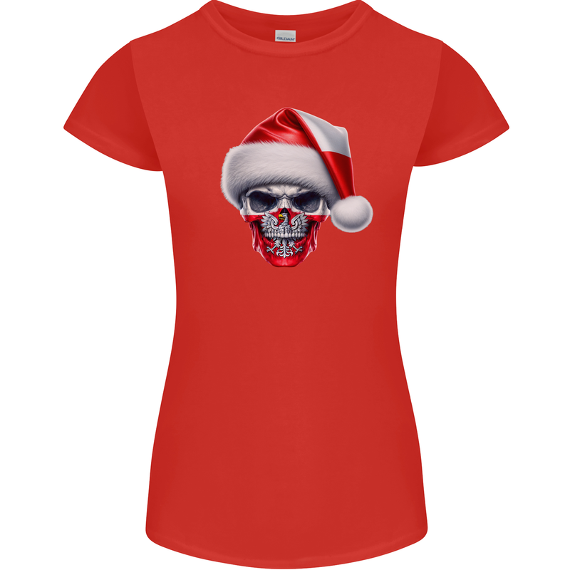 Poland Christmas Skull Xmas Polish Biker Flag Womens Petite Cut T-Shirt Red