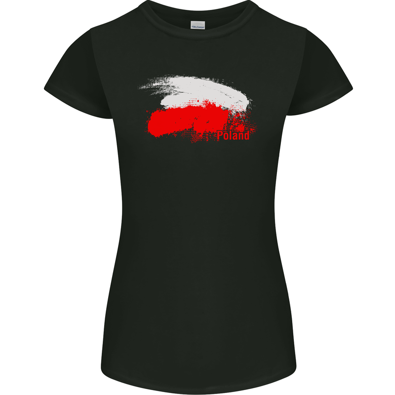 Poland Football Distressed Flag Womens Petite Cut T-Shirt Black
