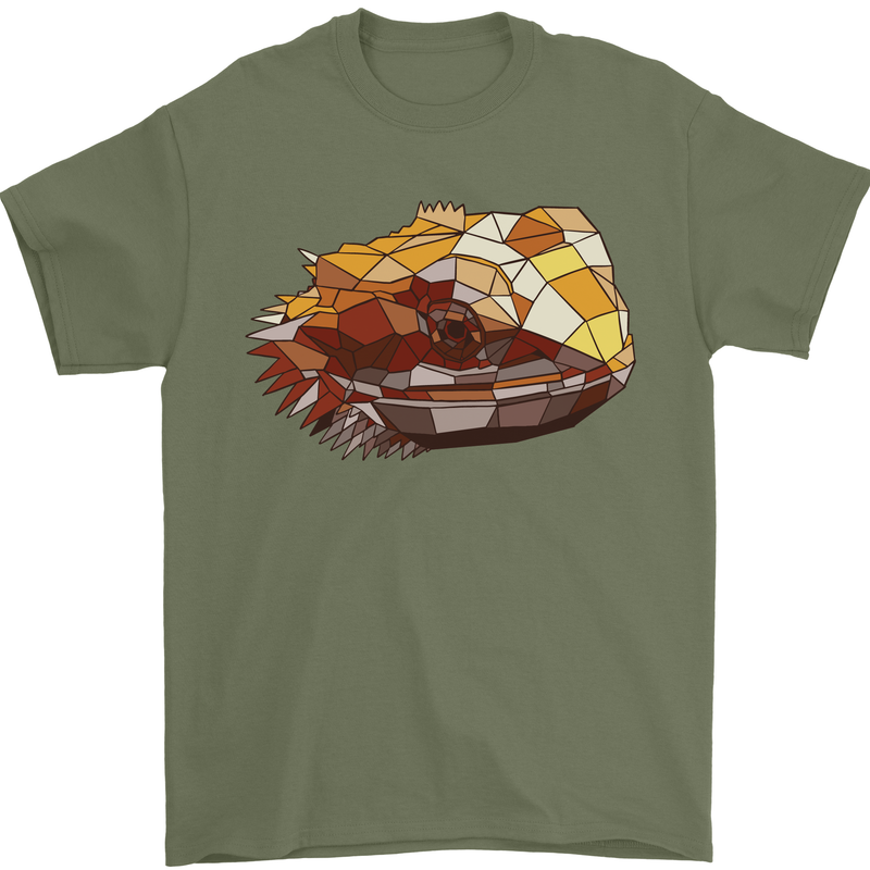 Polygonal Chameleon Mens T-Shirt 100% Cotton Military Green