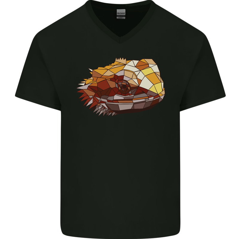Polygonal Chameleon Mens V-Neck Cotton T-Shirt Black