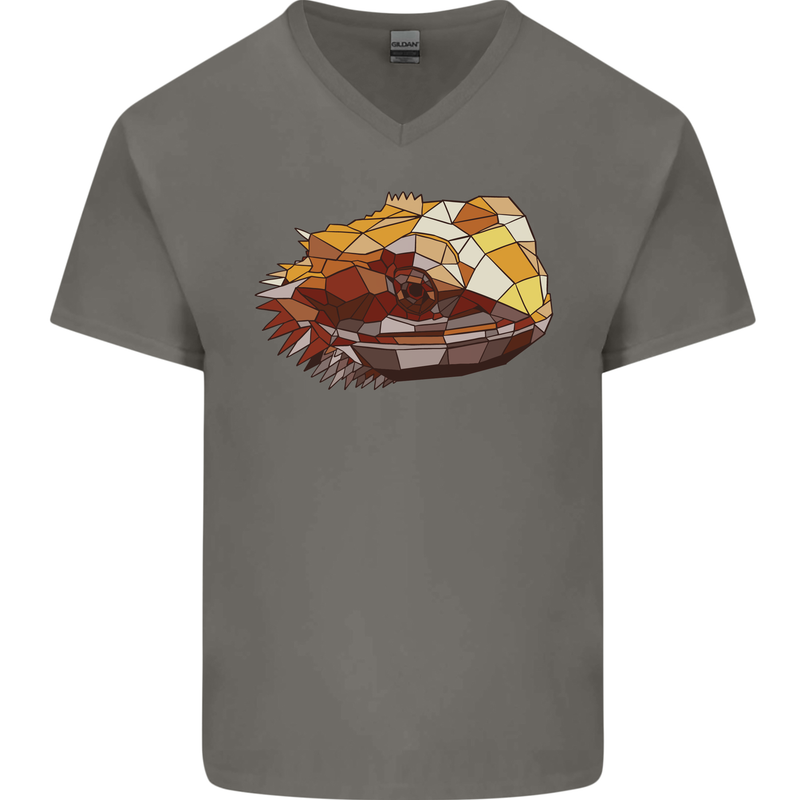 Polygonal Chameleon Mens V-Neck Cotton T-Shirt Charcoal
